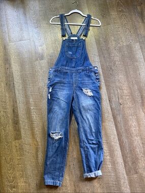 Forever 21 Distressed Blue Denim Overalls
